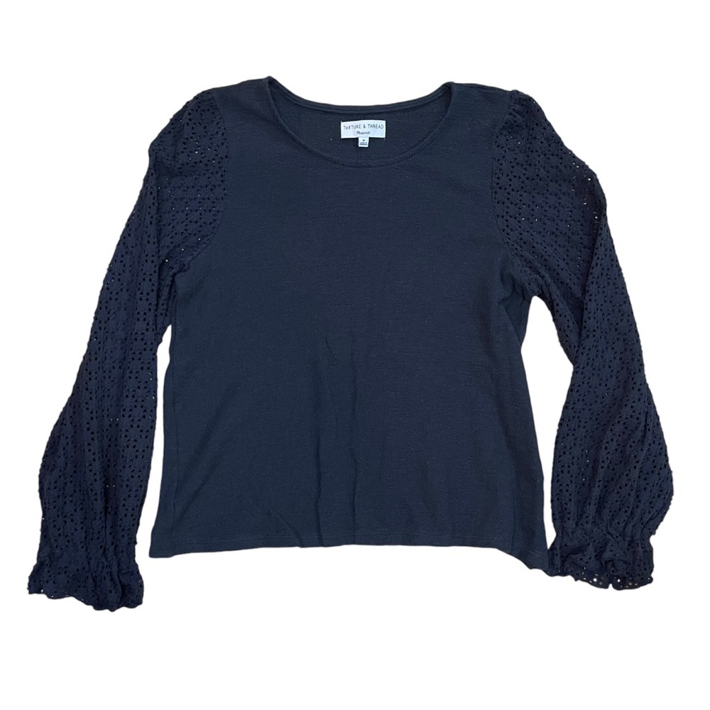 Madewell Texture & Thread Black Eyelet Ruffle Long Sleeve Top